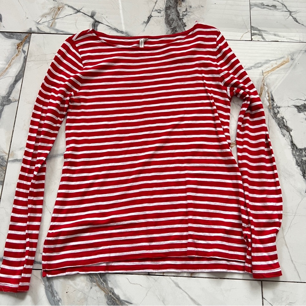 Banana Republic Red and White Striped Scoop Neck Long Sleeve Top Small